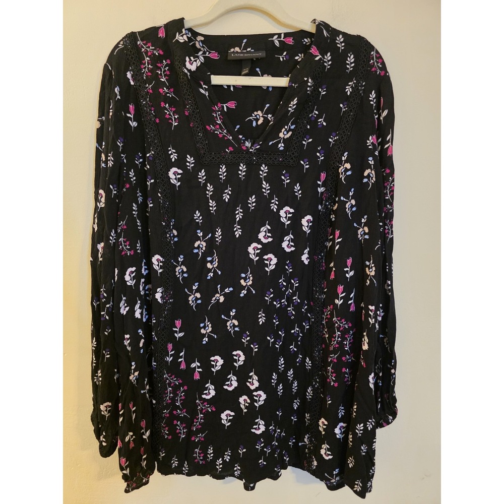 Lane Bryant Black Floral Crochet Lace Trim Boho Blouse 14/16 1098048